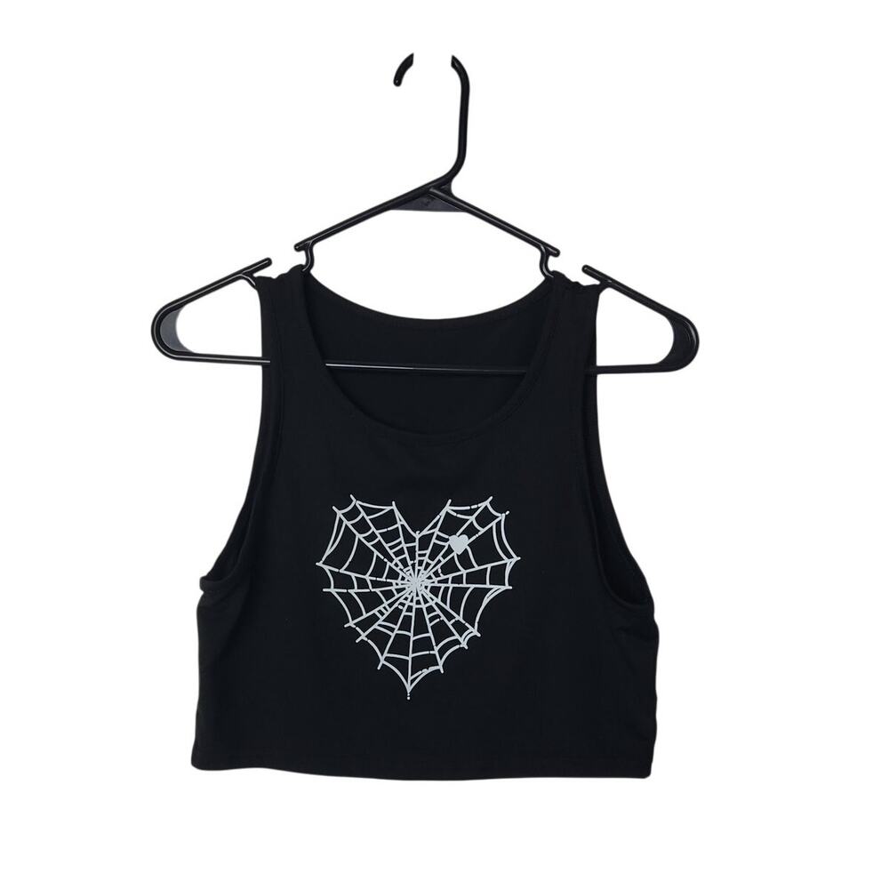 Unbranded Black Spider Web Heart Casual Graphic Tee Sleeveless Tank Crop Top S